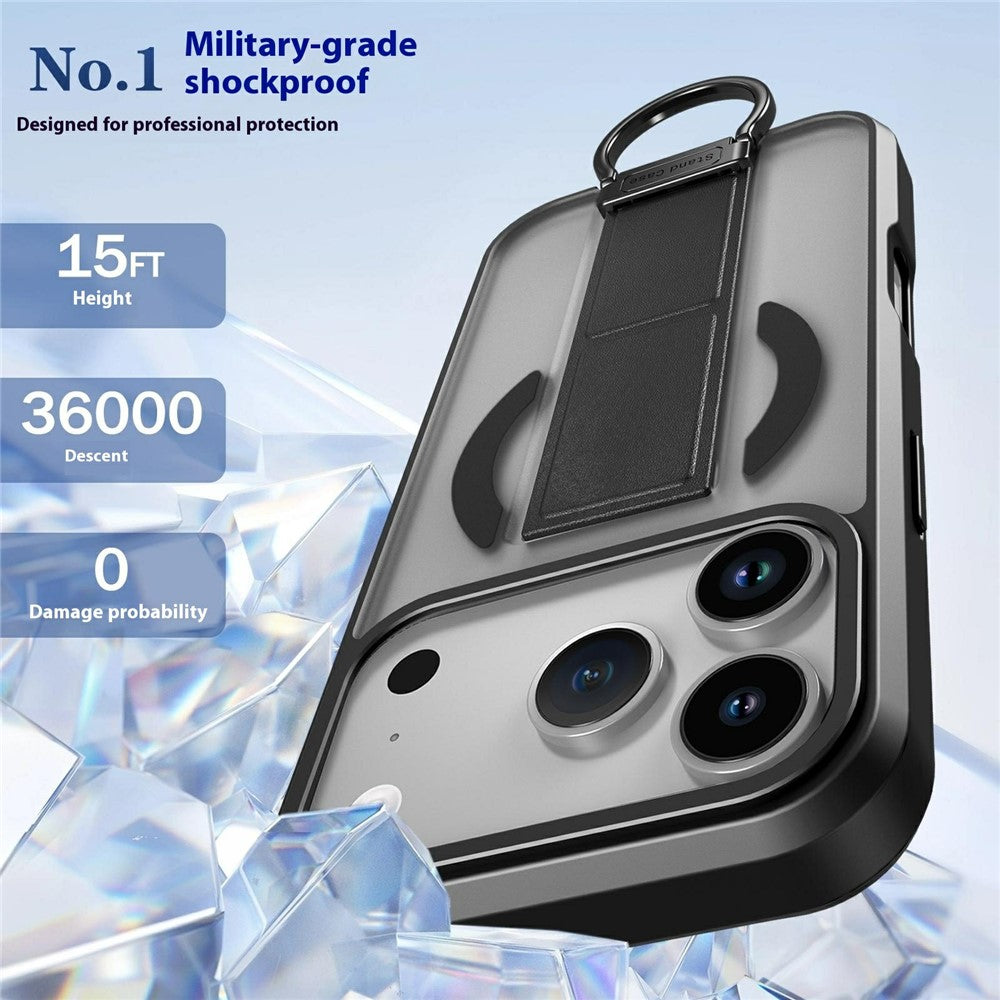 For iPhone 17 Pro Max Magnetic Case Metal D-Ring Kickstand PC + TPU Phone Cover with Tempered Glass Screen Film