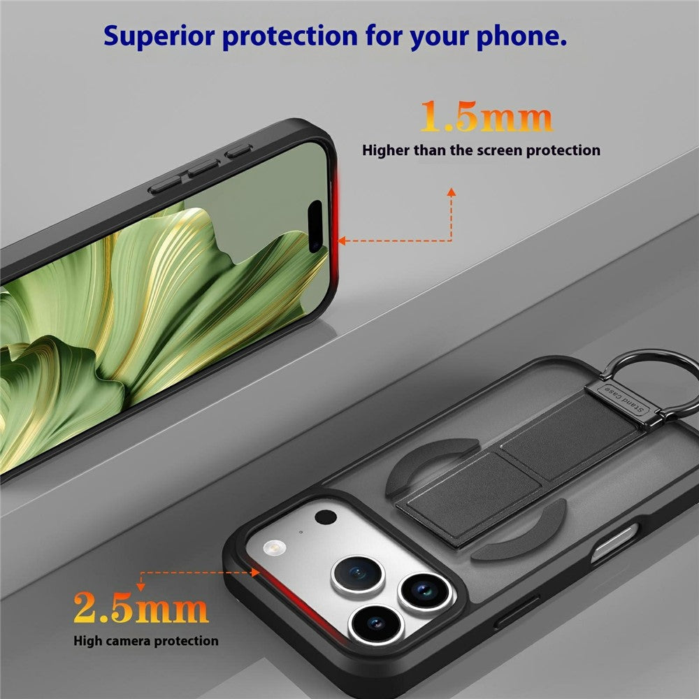 For iPhone 17 Pro Max Magnetic Case Metal D-Ring Kickstand PC + TPU Phone Cover with Tempered Glass Screen Film
