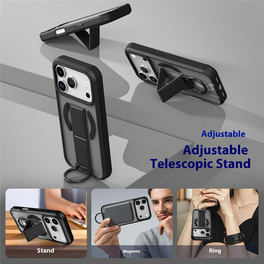 For iPhone 17 Pro Max Magnetic Case Metal D-Ring Kickstand PC + TPU Phone Cover with Tempered Glass Screen Film