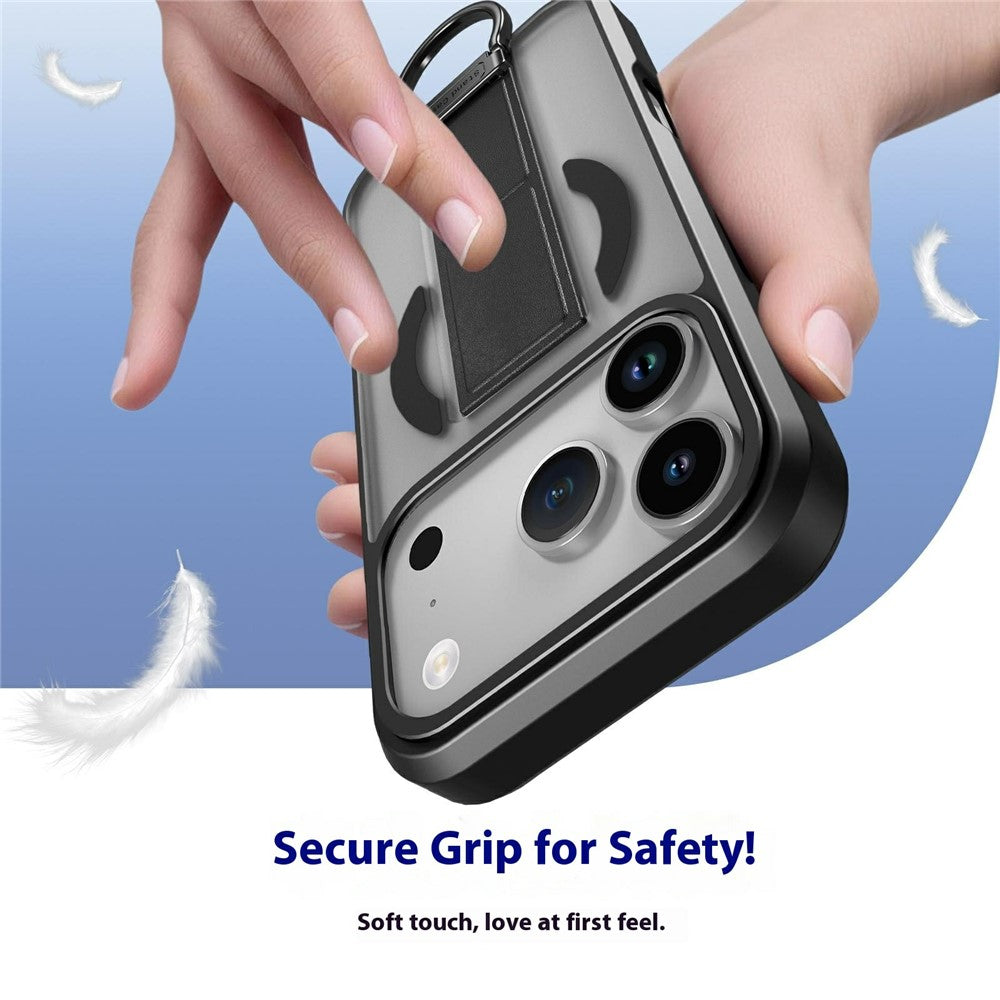 For iPhone 17 Pro Max Magnetic Case Metal D-Ring Kickstand PC + TPU Phone Cover with Tempered Glass Screen Film