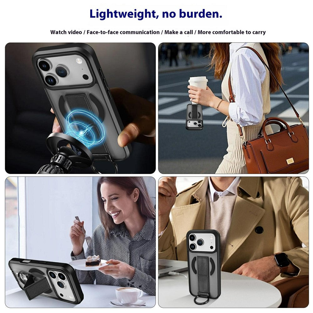 For iPhone 17 Pro Max Magnetic Case Metal D-Ring Kickstand PC + TPU Phone Cover with Tempered Glass Screen Film