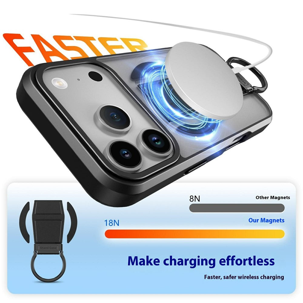 For iPhone 17 Pro Max Magnetic Case Metal D-Ring Kickstand PC + TPU Phone Cover with Tempered Glass Screen Film
