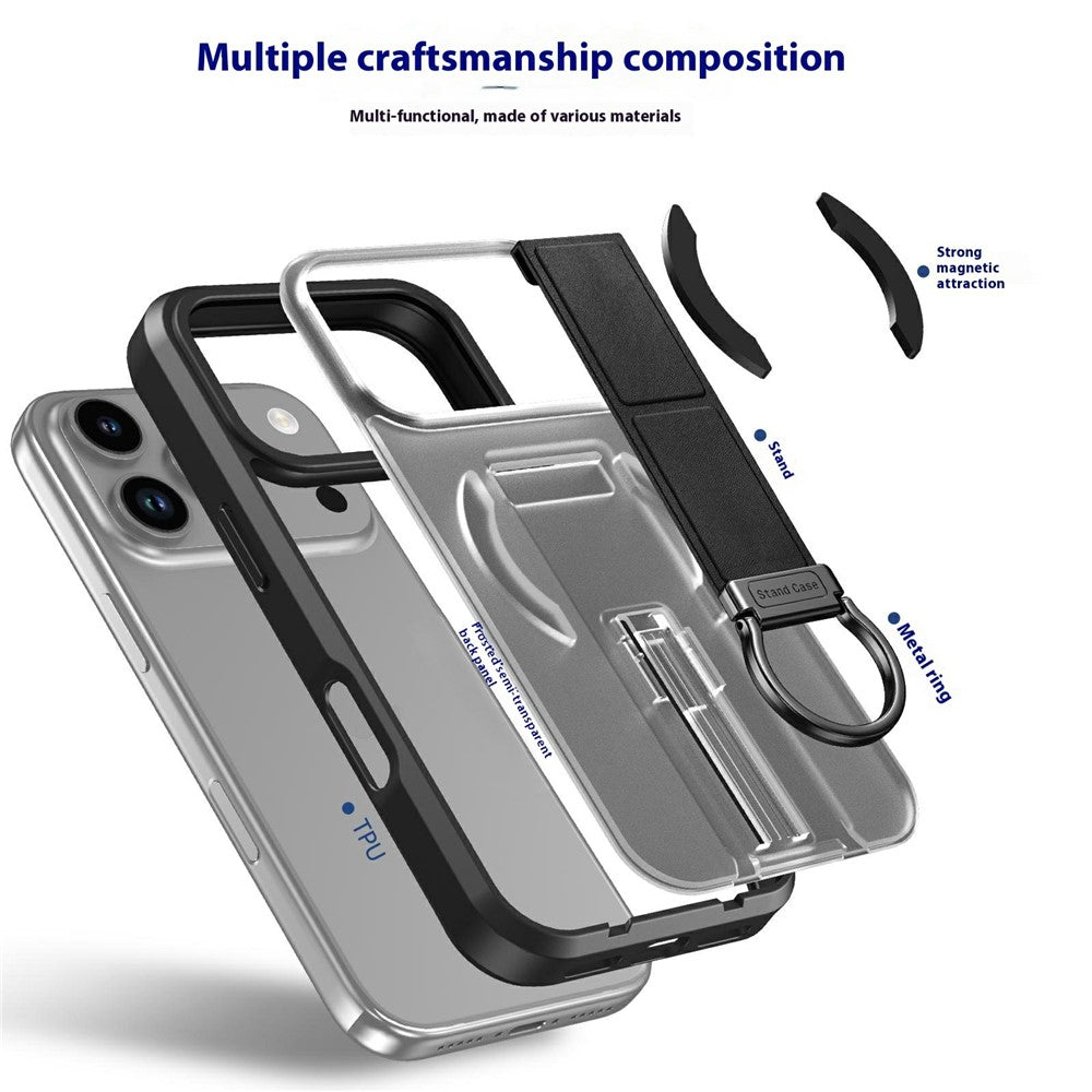 For iPhone 17 Pro Max Magnetic Case Metal D-Ring Kickstand PC + TPU Phone Cover with Tempered Glass Screen Film