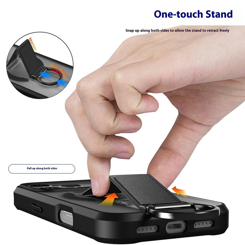 For iPhone 17 Pro Max Magnetic Case Metal D-Ring Kickstand PC + TPU Phone Cover with Tempered Glass Screen Film