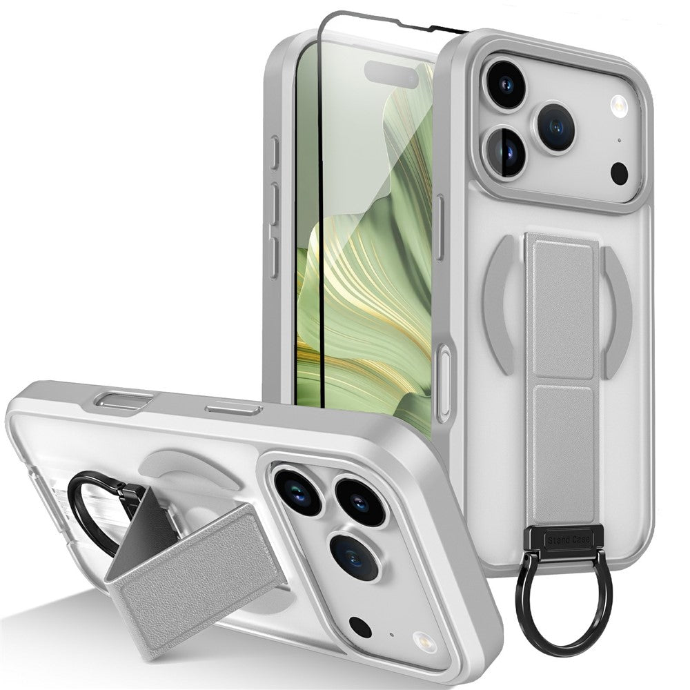For iPhone 17 Pro Max Magnetic Case Metal D-Ring Kickstand PC + TPU Phone Cover with Tempered Glass Screen Film