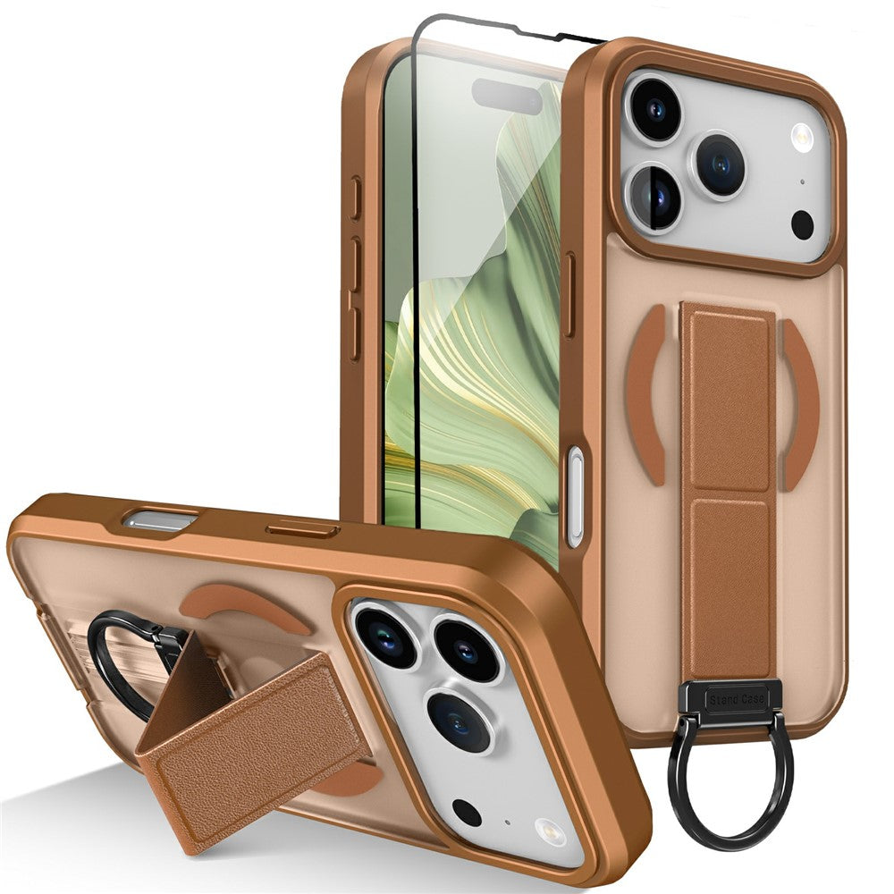 For iPhone 17 Pro Max Magnetic Case Metal D-Ring Kickstand PC + TPU Phone Cover with Tempered Glass Screen Film