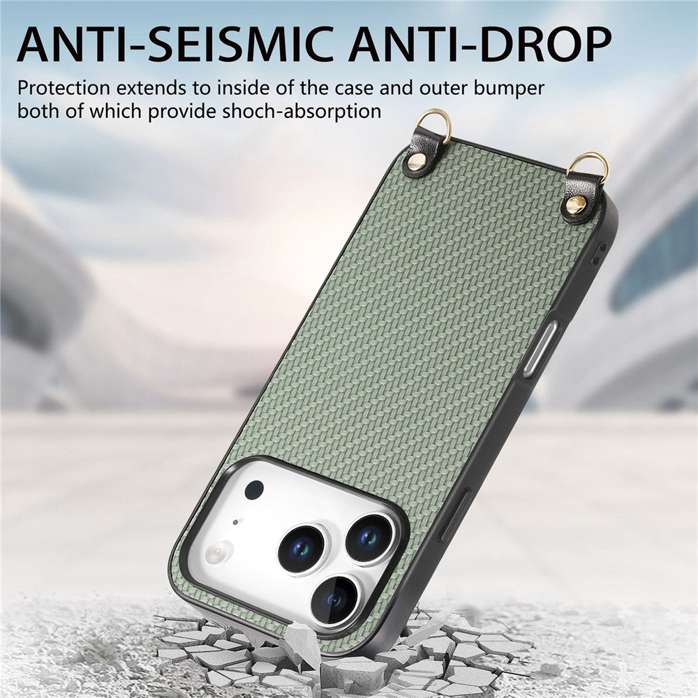 For iPhone 17 Pro Case Carbon Fiber Texture Hybrid Phone Back Cover with Adjustable Strap