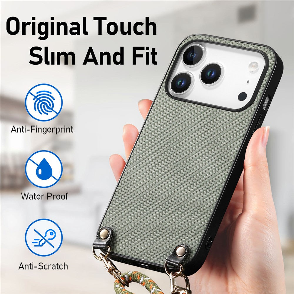 For iPhone 17 Pro Case Carbon Fiber Texture Hybrid Phone Back Cover with Adjustable Strap