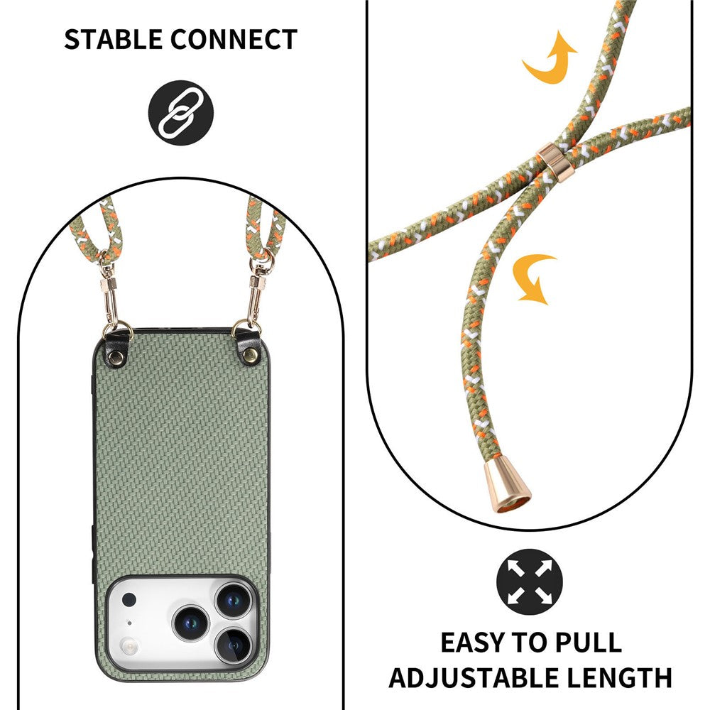 For iPhone 17 Pro Case Carbon Fiber Texture Hybrid Phone Back Cover with Adjustable Strap