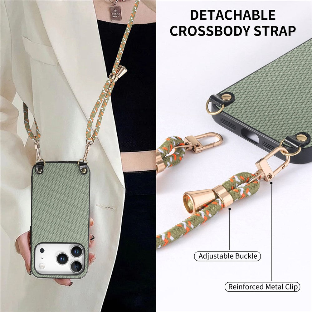 For iPhone 17 Pro Case Carbon Fiber Texture Hybrid Phone Back Cover with Adjustable Strap