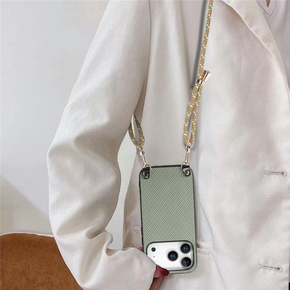 For iPhone 17 Pro Case Carbon Fiber Texture Hybrid Phone Back Cover with Adjustable Strap