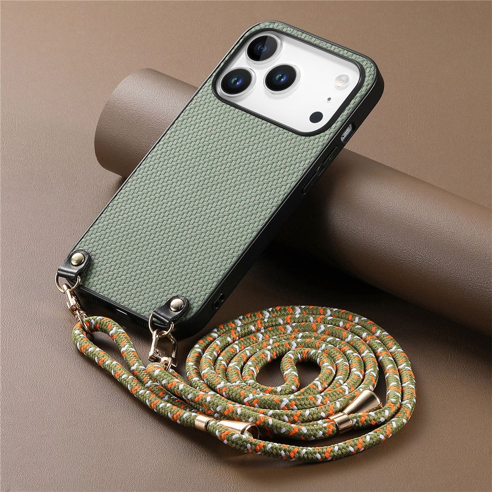 For iPhone 17 Pro Case Carbon Fiber Texture Hybrid Phone Back Cover with Adjustable Strap