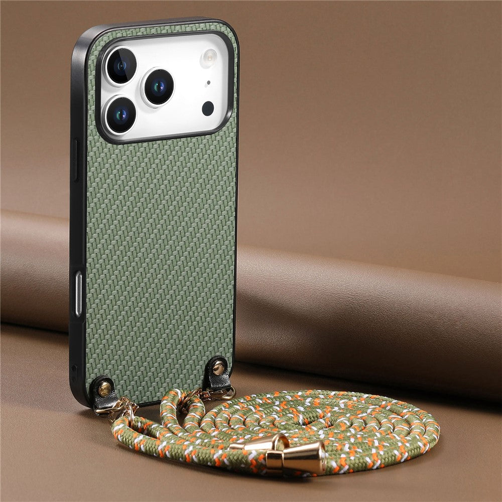 For iPhone 17 Pro Case Carbon Fiber Texture Hybrid Phone Back Cover with Adjustable Strap