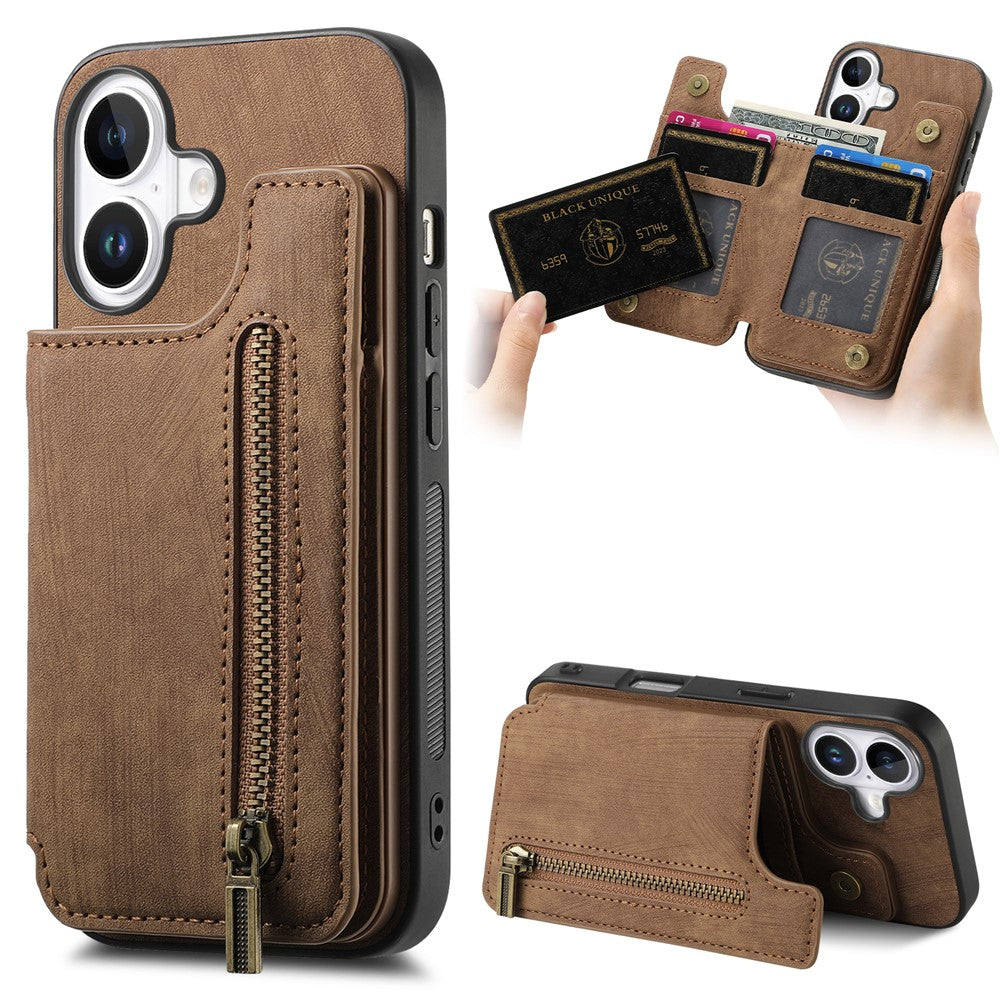 For iPhone 17 Case with Zipper Card Holder Retro Leather TPU Phone Cover