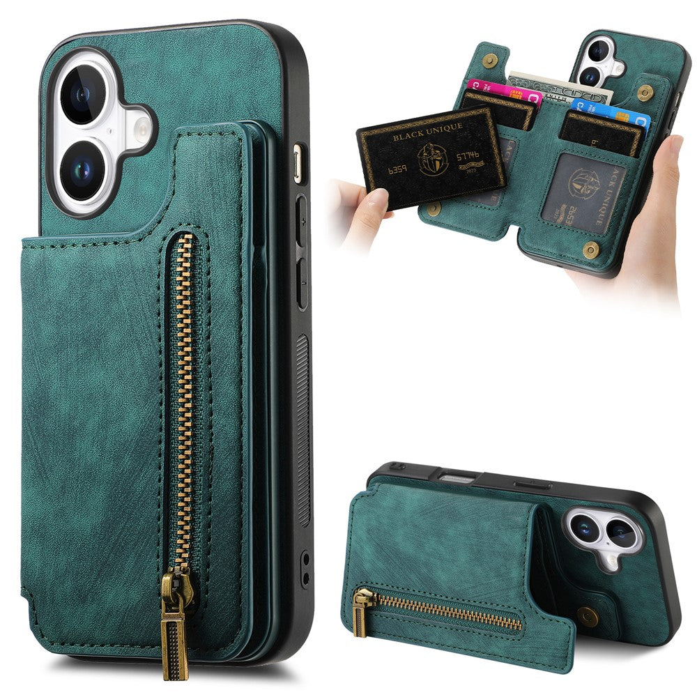 For iPhone 17 Case with Zipper Card Holder Retro Leather TPU Phone Cover