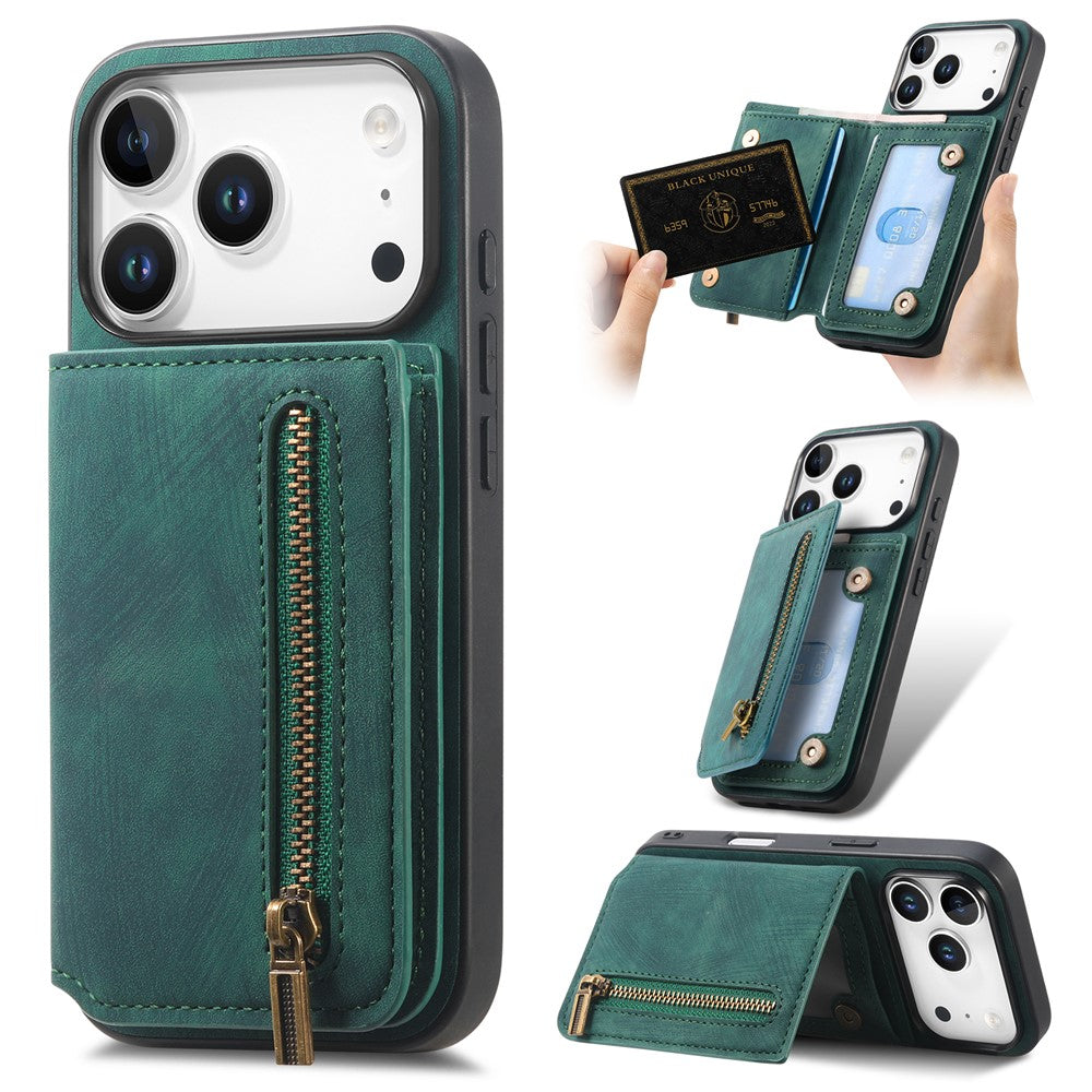 For iPhone 17 Pro Max Case with Zipper Card Holder Retro Leather TPU Phone Cover