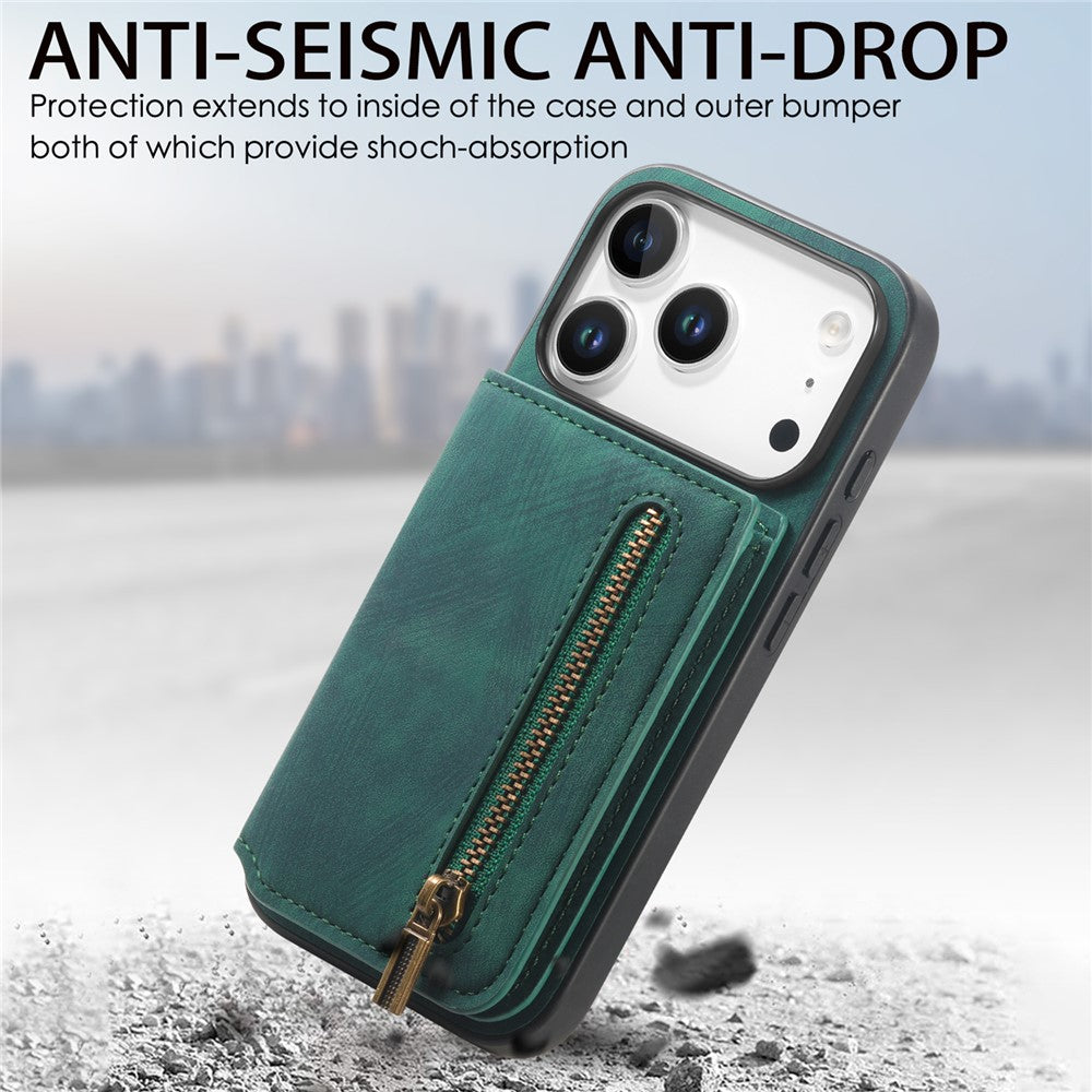 Étui pour iPhone 17 Pro avec fermeture éclair et porte-cartes, style rétro, en cuir TPU. 