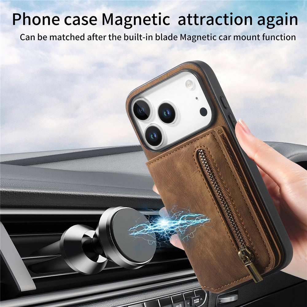 Étui pour iPhone 17 Pro avec fermeture éclair et porte-cartes, style rétro, en cuir TPU. 