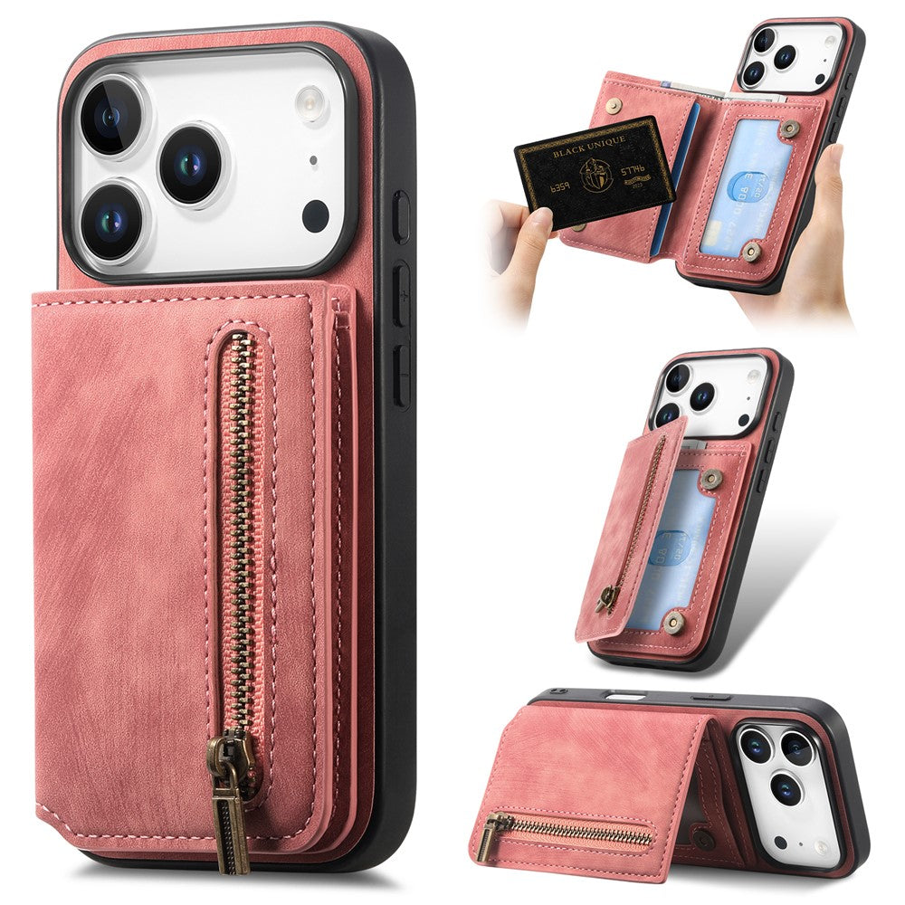 Étui pour iPhone 17 Pro avec fermeture éclair et porte-cartes, style rétro, en cuir TPU. 