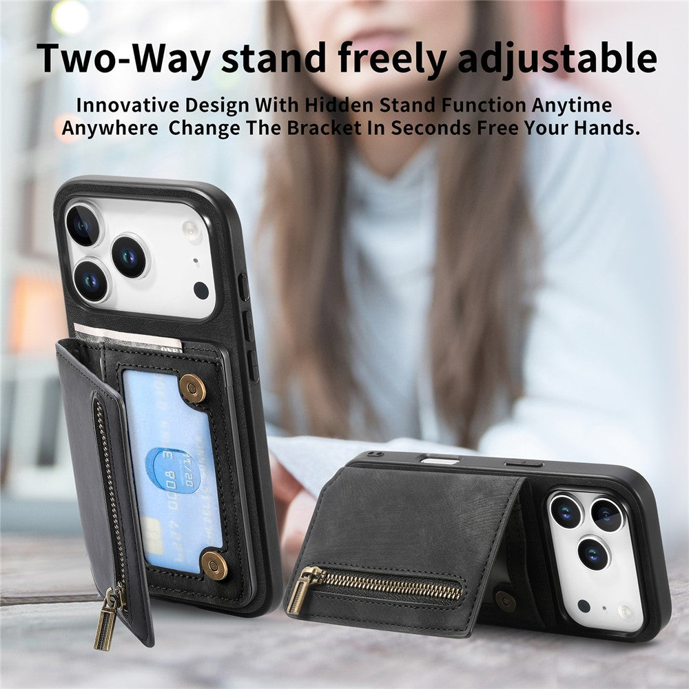 Étui pour iPhone 17 Pro avec fermeture éclair et porte-cartes, style rétro, en cuir TPU. 