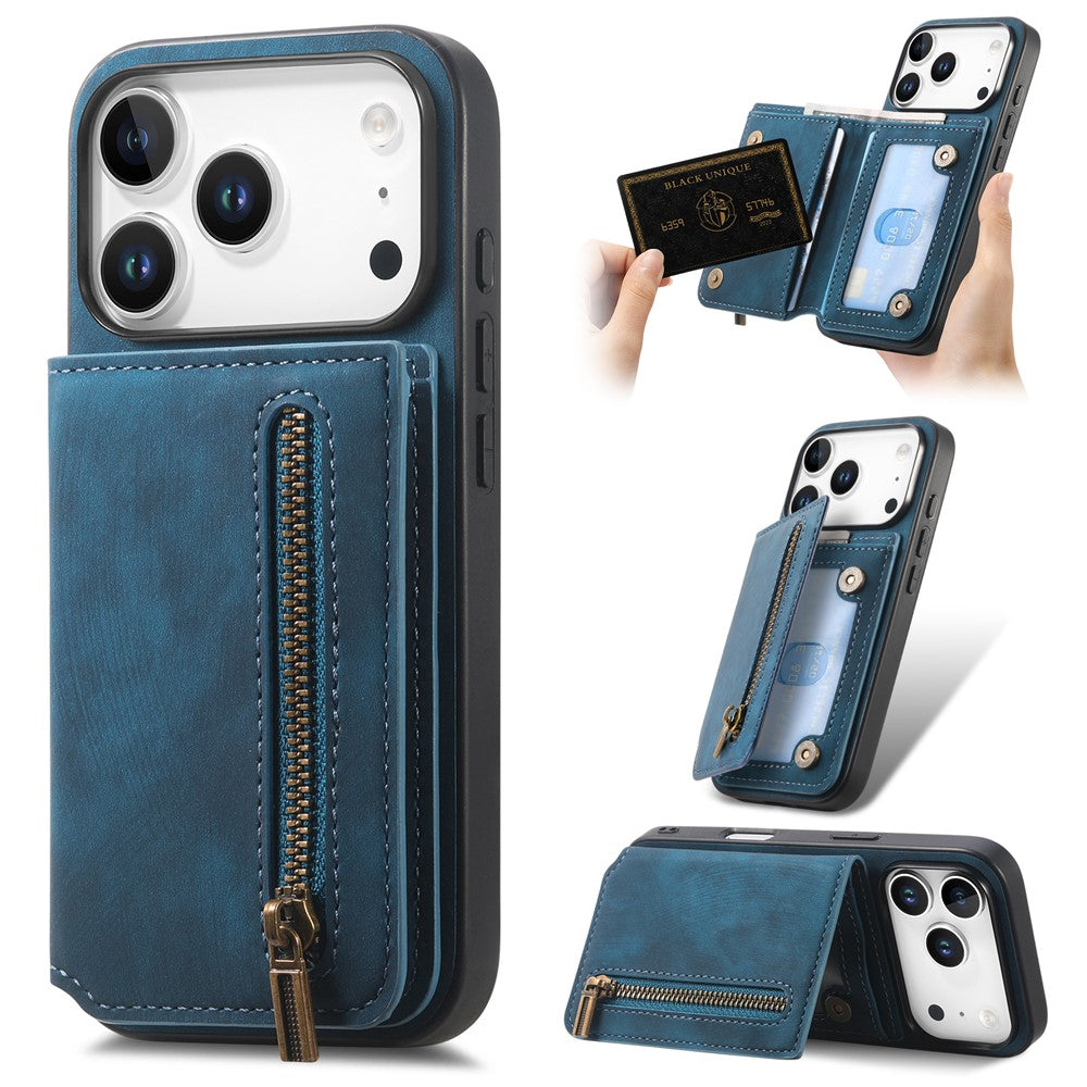 Étui pour iPhone 17 Pro avec fermeture éclair et porte-cartes, style rétro, en cuir TPU. 