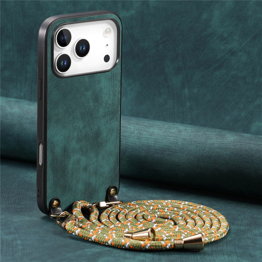 For iPhone 17 Pro Max Retro Leather Phone Back Cover with Adjustable Strap