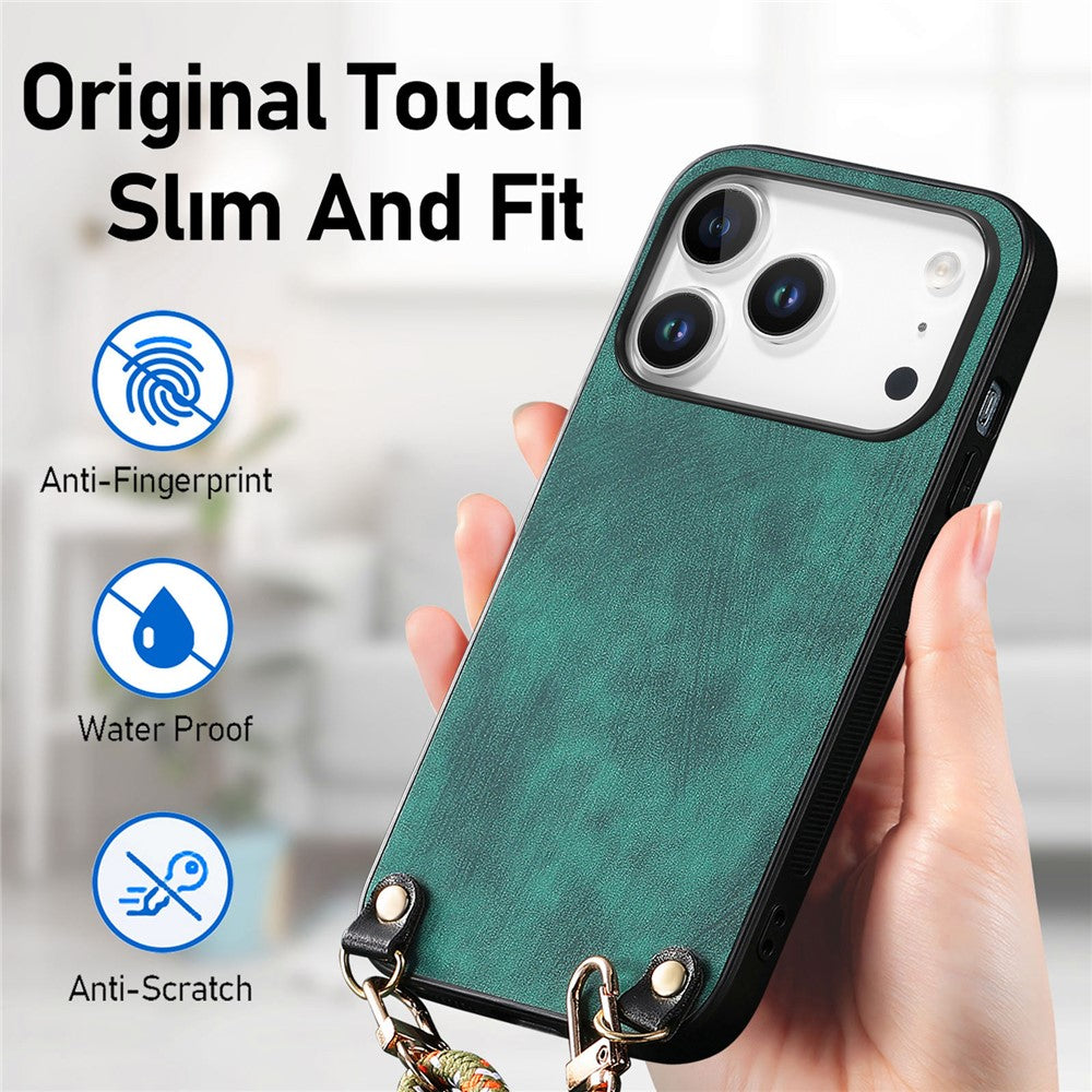 For iPhone 17 Pro Max Retro Leather Phone Back Cover with Adjustable Strap