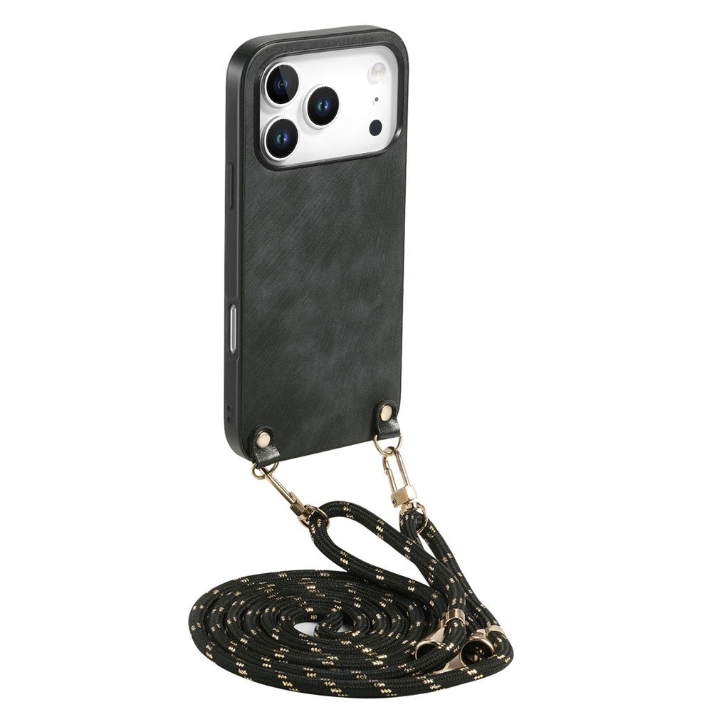 For iPhone 17 Pro Max Retro Leather Phone Back Cover with Adjustable Strap