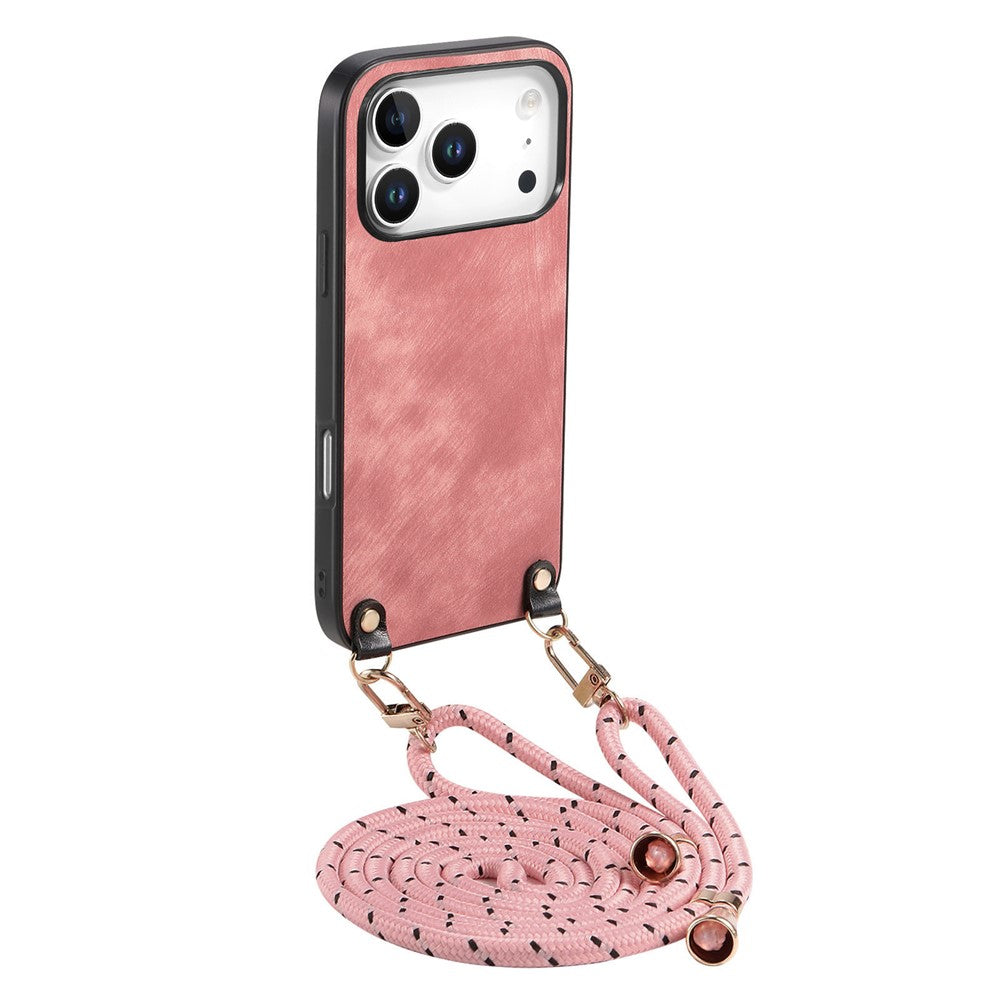 For iPhone 17 Pro Max Retro Leather Phone Back Cover with Adjustable Strap