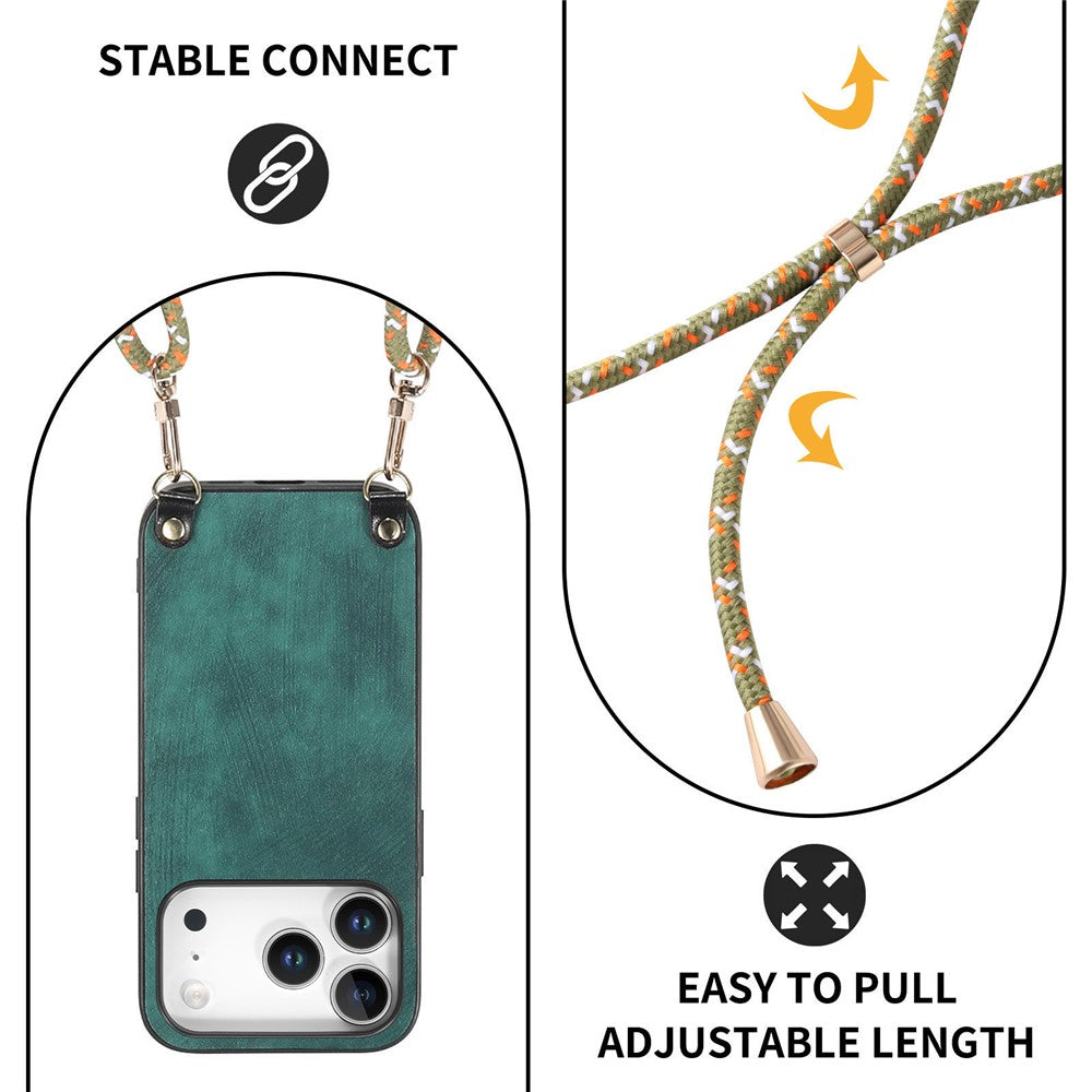 For iPhone 17 Pro Retro Leather Phone Back Cover with Adjustable Strap