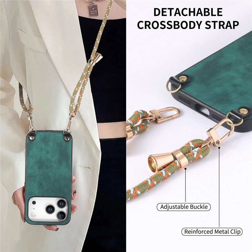 For iPhone 17 Pro Retro Leather Phone Back Cover with Adjustable Strap