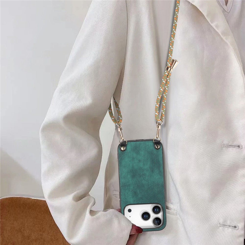 For iPhone 17 Pro Retro Leather Phone Back Cover with Adjustable Strap