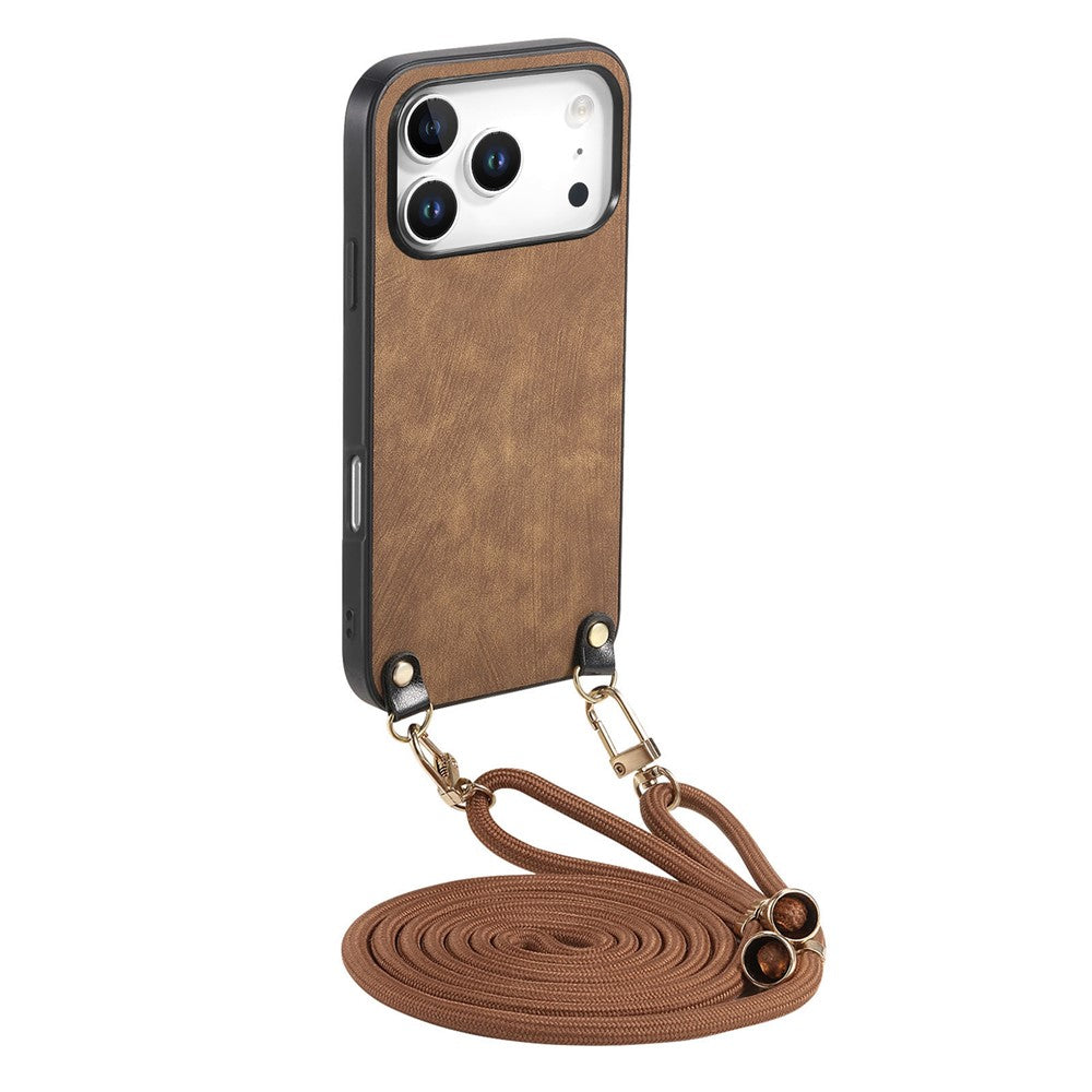 For iPhone 17 Pro Retro Leather Phone Back Cover with Adjustable Strap