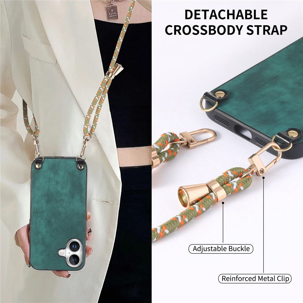 For iPhone 17 Retro Leather Phone Back Cover with Adjustable Strap