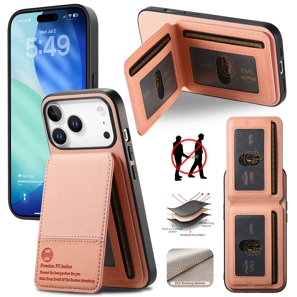 Étui pour iPhone 17 Pro en similicuir texturé + PC + TPU, protection RFID et porte-cartes inclus