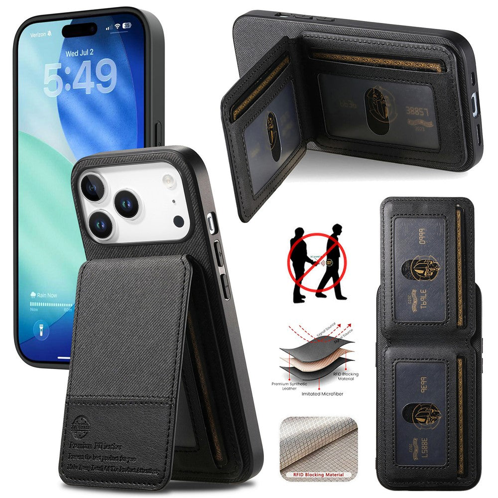Étui pour iPhone 17 Pro en similicuir texturé + PC + TPU, protection RFID et porte-cartes inclus