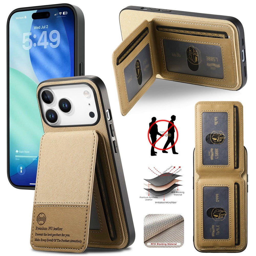 Étui pour iPhone 17 Pro en similicuir texturé + PC + TPU, protection RFID et porte-cartes inclus