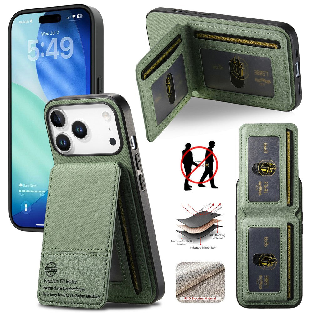 Étui pour iPhone 17 Pro en similicuir texturé + PC + TPU, protection RFID et porte-cartes inclus