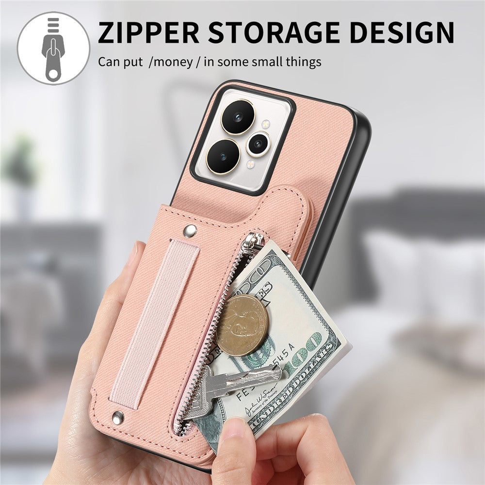 For Realme 15 5G Case RFID Blocking Card Holder Jeans Cloth Texture Leather Back Cover with Elastic Wristband