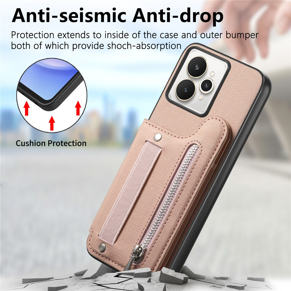 For Realme 15 5G Case RFID Blocking Card Holder Jeans Cloth Texture Leather Back Cover with Elastic Wristband