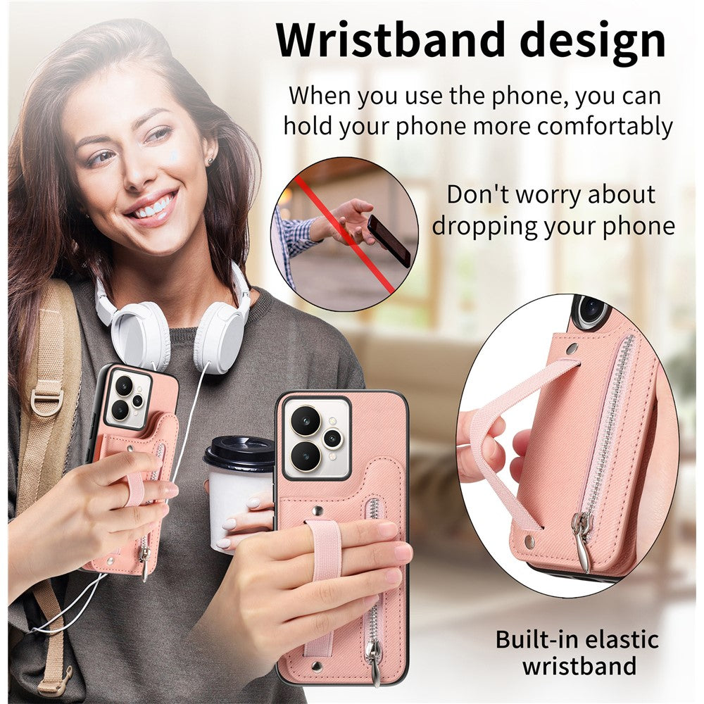 For Realme 15 5G Case RFID Blocking Card Holder Jeans Cloth Texture Leather Back Cover with Elastic Wristband