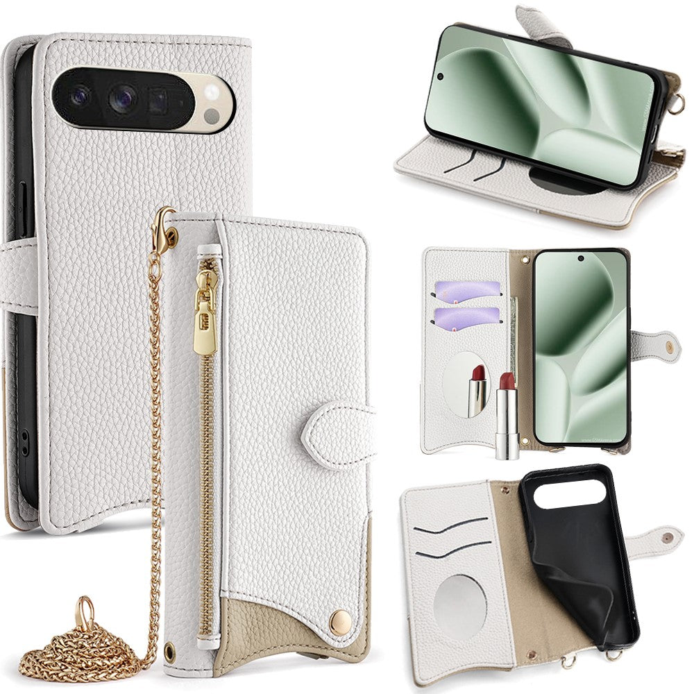 For Google Pixel 10 Leather Case Wallet Stand Cover Irregular Tail Style with Chain Strap