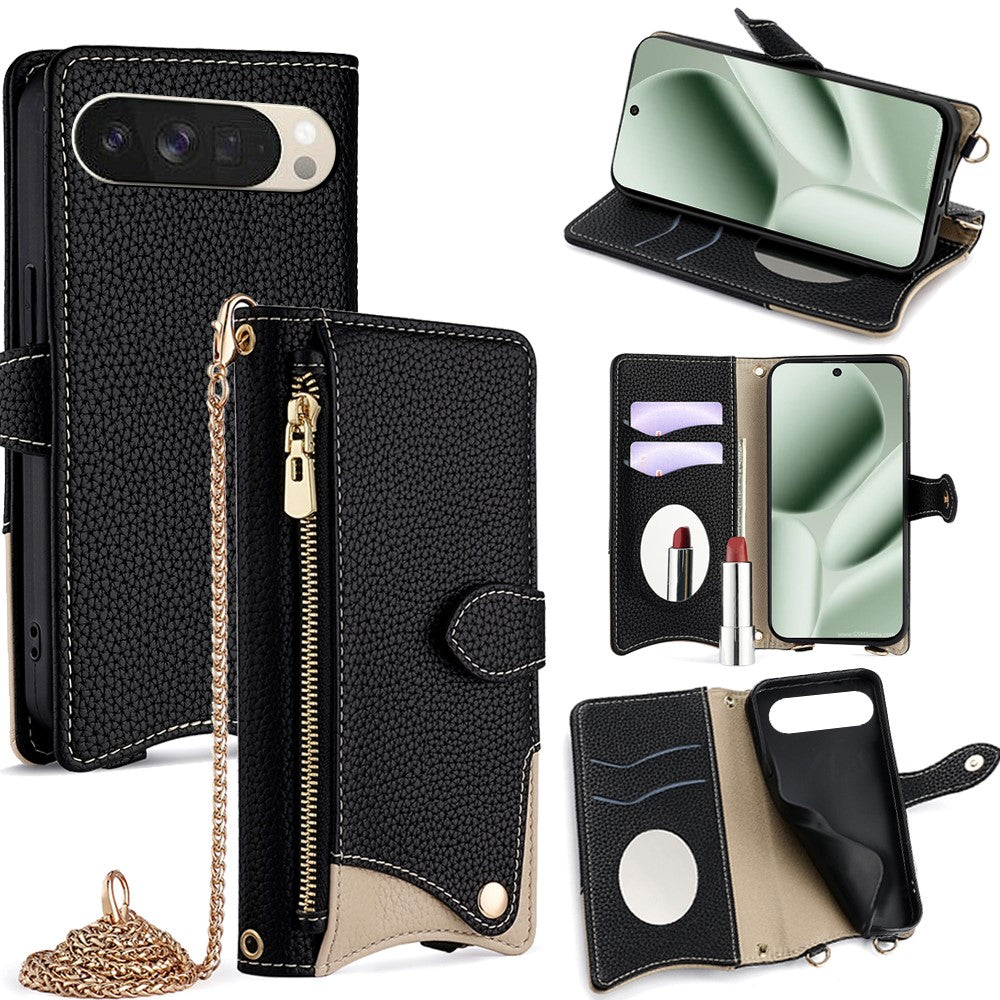 For Google Pixel 10 Leather Case Wallet Stand Cover Irregular Tail Style with Chain Strap