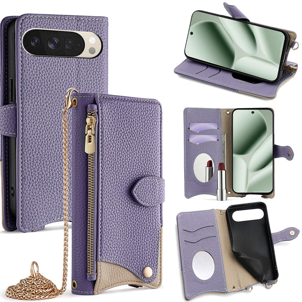 For Google Pixel 10 Leather Case Wallet Stand Cover Irregular Tail Style with Chain Strap