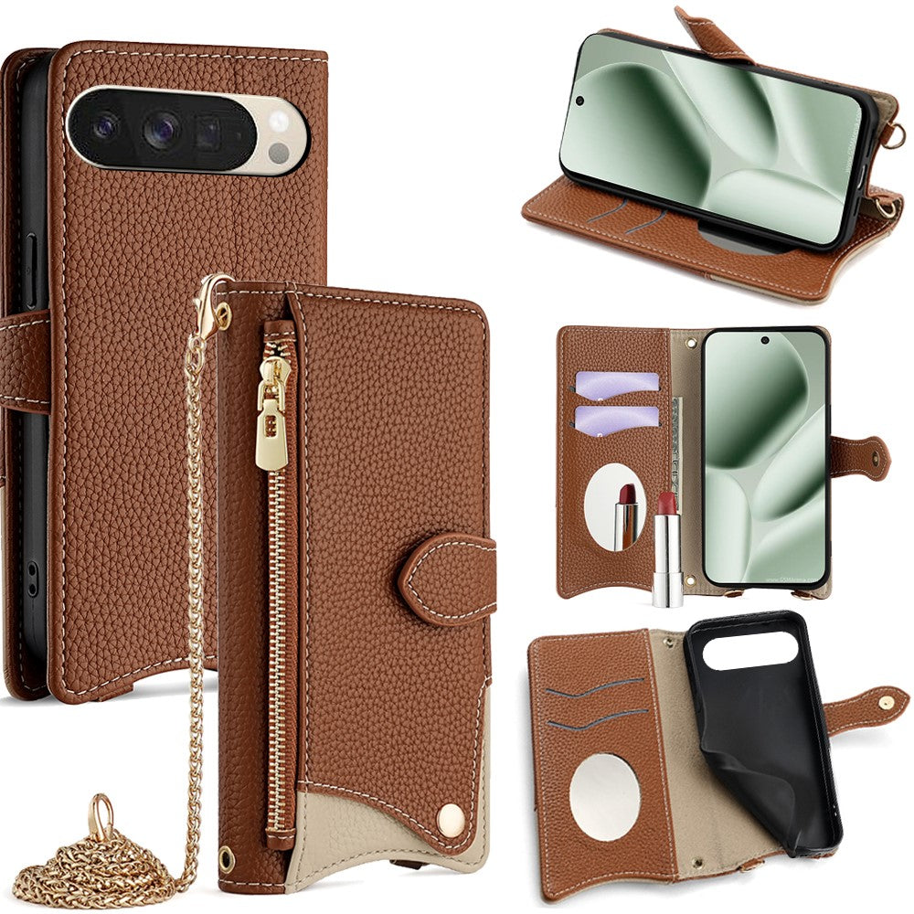 For Google Pixel 10 Leather Case Wallet Stand Cover Irregular Tail Style with Chain Strap