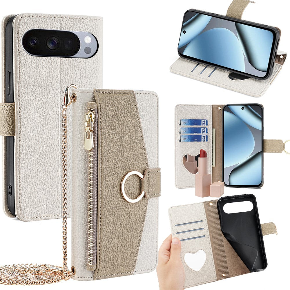 For Google Pixel 10 Pro XL Case Mirror Wallet Leather Phone Cover with Chain Shoulder Strap