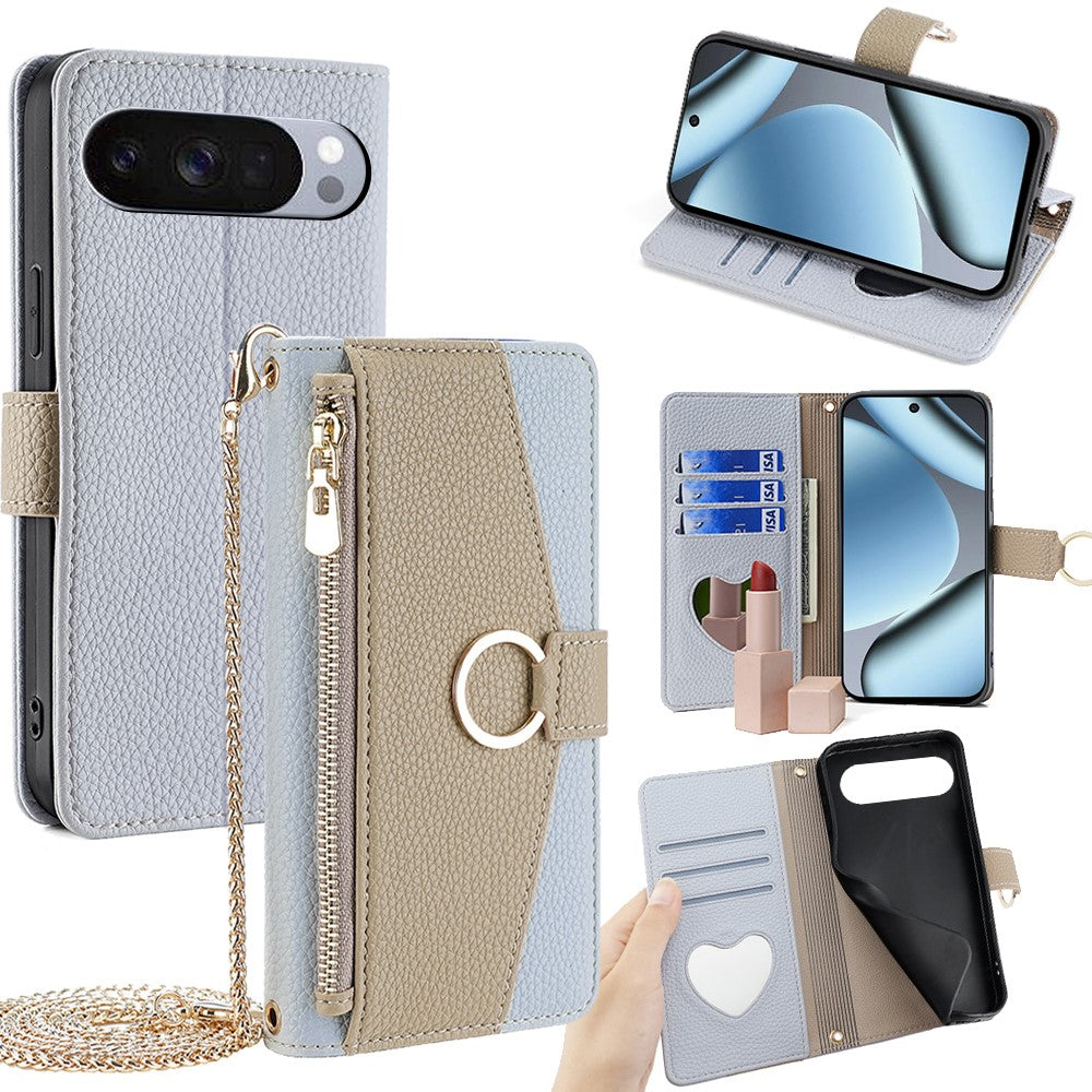 For Google Pixel 10 Pro XL Case Mirror Wallet Leather Phone Cover with Chain Shoulder Strap