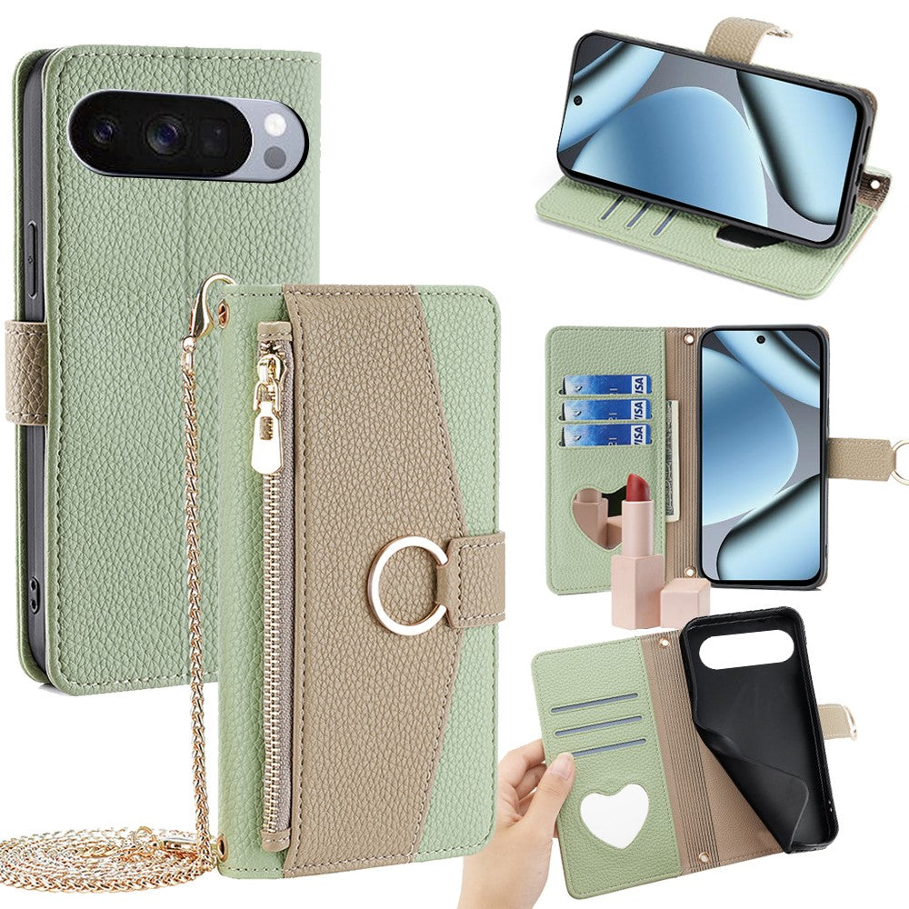 For Google Pixel 10 Pro XL Case Mirror Wallet Leather Phone Cover with Chain Shoulder Strap