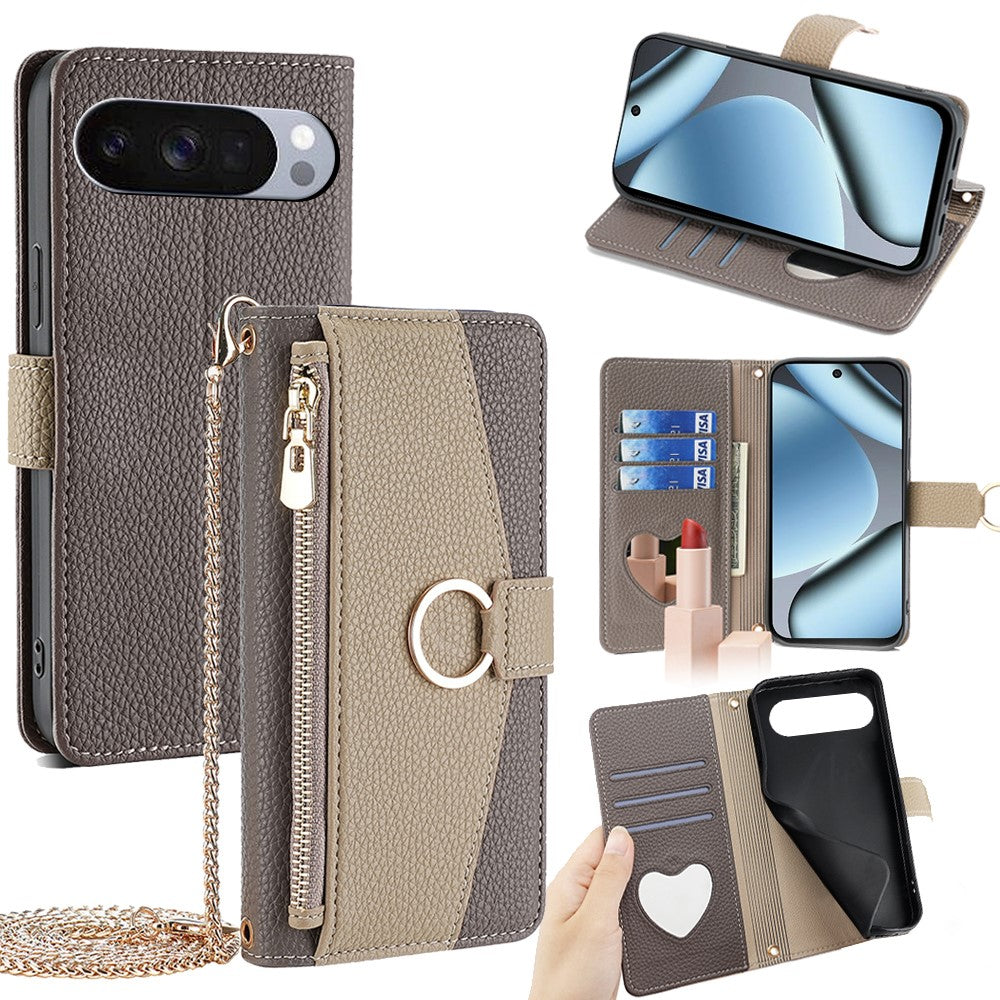 For Google Pixel 10 Pro XL Case Mirror Wallet Leather Phone Cover with Chain Shoulder Strap