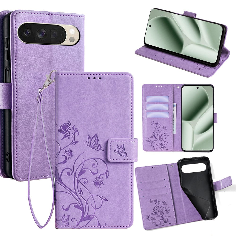 For Google Pixel 10 Case Butterfly Flower Imprinted PU Leather Wallet Phone Cover